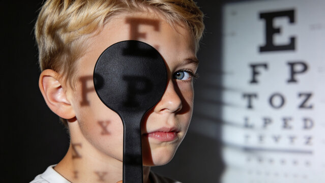 Children optometry and healthcare concept with a boy having a vision test
