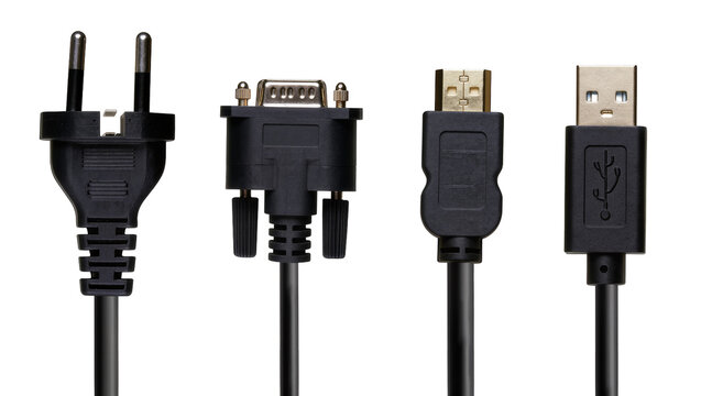 Black electrical plug VGA connector, USB-A and USB-C cables
