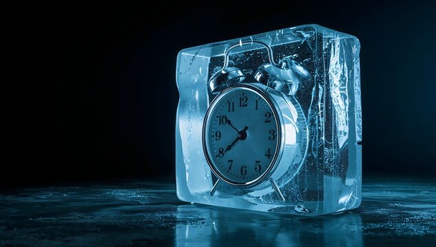 Vintage alarm clock frozen in ice block under dramatic blue light