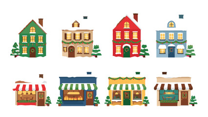 Obraz premium Set of colorful snowy houses and storefronts in winter vector style