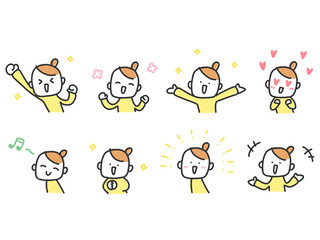 手描きのかわいい女性の喜ぶ表情とリアクションセット（楽しい・嬉しい・感動・好き）