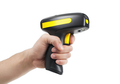 Hand holding a modern black and yellow handheld scanner
