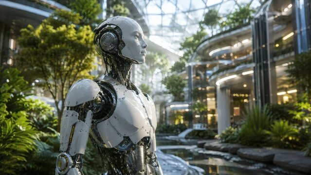 A highly detailed digital illustration of a futuristic humanoid robot standing inside a modern green atrium. This sci fi image is suitable for eco tech websites and publications.