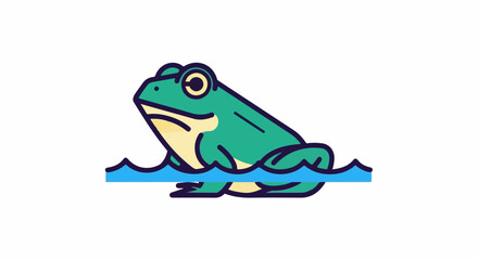 Fototapeta premium A stylized green frog sits in blue water with a white background