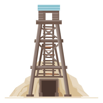 Mine tower icon. Wooden headframe structure above underground entrance, ladder access, support beams, rocky surroundings, extraction facility marking mineral excavation area.