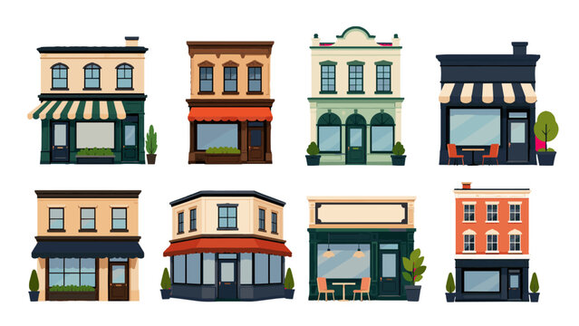 Set of colorful storefront and shop building facades