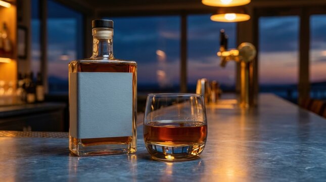 Blue hour bourbon day counter display with rectangular unbranded bottle, rounded tasting glass, brass tap silhouette, cool window view, warm pendant glow and polished modern bar mood for menu copy
