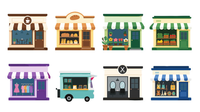 Set of colorful small storefront and shop facade vector icons