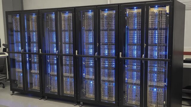 Modern Data Center with High-Tech Server Racks Illuminated by LED Lights