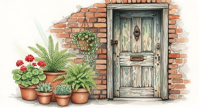 Rustic Weathered Wooden Door Surrounded by Potted Plants on Brick Garden Wall