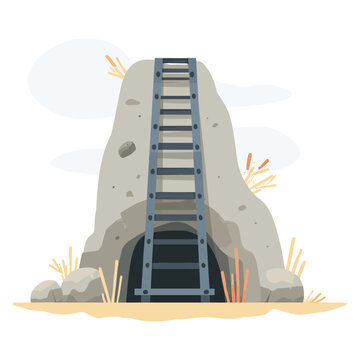 Mine tower icon. Wooden headframe structure above underground entrance, ladder access, support beams, rocky surroundings, extraction facility marking mineral excavation area.