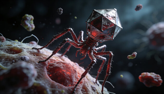 Bacteriophage attacking living cell. Microscopic view of virus particle targeting bacteria. Biomedical 3D render representing infection, pathogen research and microbiology science concept.
