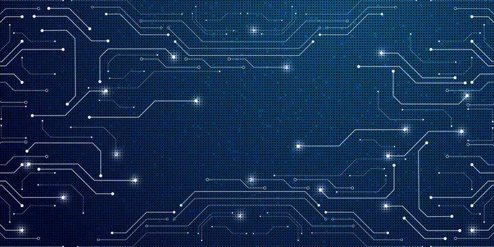 High tech digital circuit board background with glowing connections and blue matrix pattern for technology projects.
