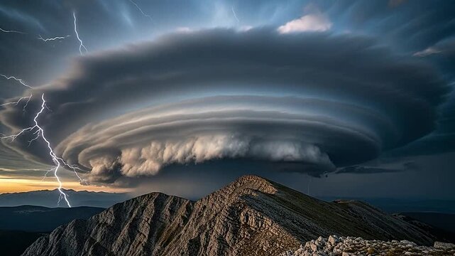A massive supercell storm cloud hovers above a jagged mountain peak at twilight