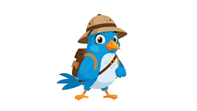 Blue cartoon bird explorer with hat and backpack isolated on a transparent background