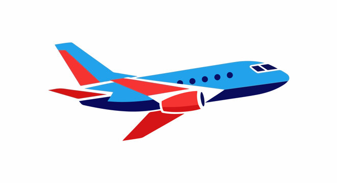 A simplified illustration of a jet airplane with blue fuselage and red accents