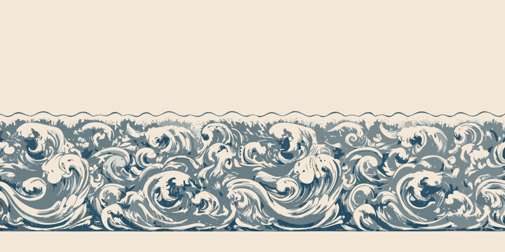 ocean waves illustration in retro vintage style nautical blue white background pattern