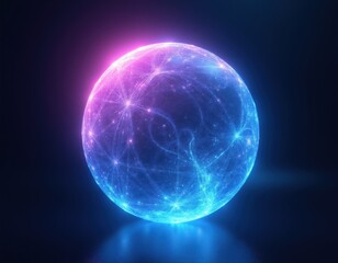 Fototapeta premium Glowing sphere with interconnected points of light. Abstract orb pulses with energy. Digital network structure visible on surface. Bright neon glow.