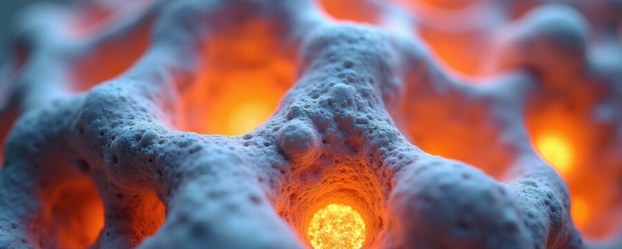 Abstract 3D render shows diseased bone tissue. Macro view of internal structure with glowing orange core signifying tumor growth. Medical science concept.