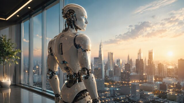 A highly detailed digital illustration of a humanoid robot looking out a high rise window at a city sunset. This sci fi image is suitable for tech websites and modern designs.