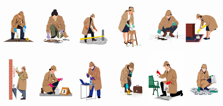 Set of flat vector illustrations depicting male and female detectives collecting forensic evidence and clues at various crime scene locations.