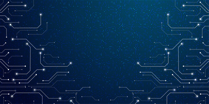 Digital circuit board sides with glowing connection points on deep blue background.