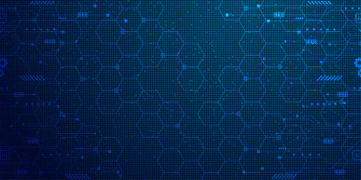 Futuristic hexagon honeycomb pattern on blue digital background representing cloud storage and big data.