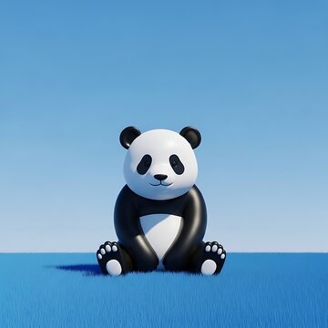 Cute 3d Panda Sitting on Blue Grass Under Clear Sky