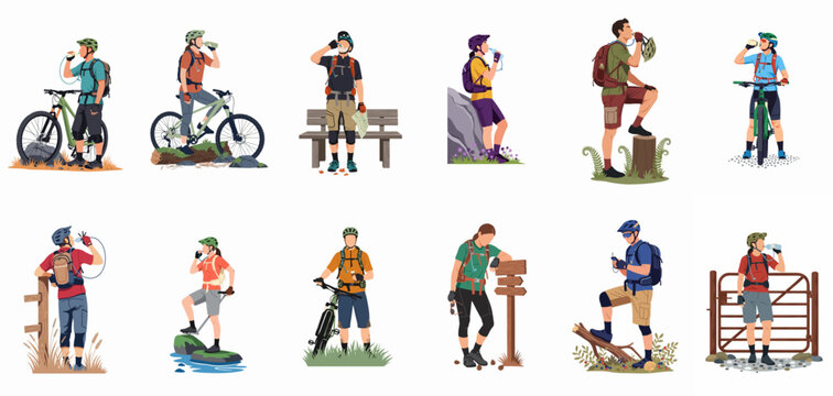 Collection of various outdoor enthusiasts hiking and mountain biking while staying hydrated with water bottles and hydration systems.