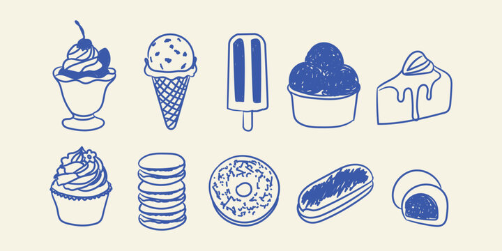Ice cream and dessert doodle collection with hand drawn sweet food vector illustration
