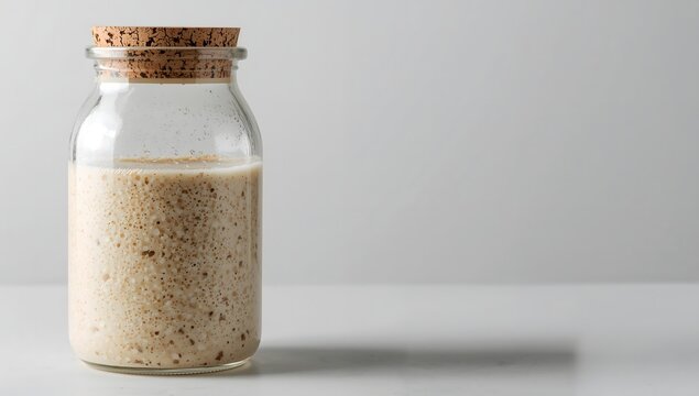 Active sourdough starter fermenting in a glass jar with cork lid