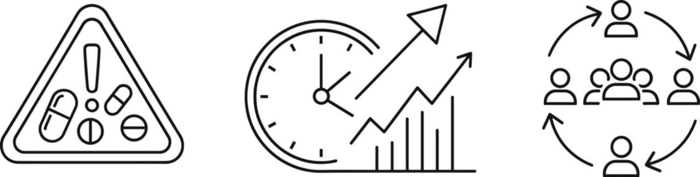 Outline icons set with warning triangle and pills, clock with growth chart and arrow, and people workflow cycle shown in clean black and white vector style