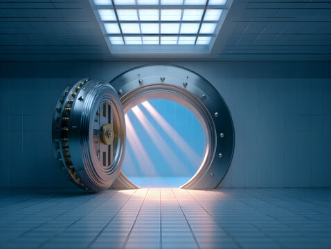 Open Bank Vault Door With Light Rays and High Security Gateway