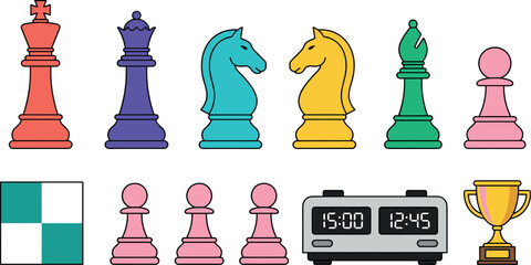 Colorful Chess Piece Illustration Set with King, Queen, Knight, Bishop, Pawn, Trophy, and Strategy Game Elements Collection © EdGe Creative