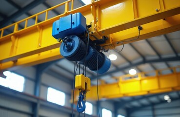 Fototapeta premium Overhead crane hoist mechanism with yellow beam structure in industrial warehouse. Heavy machinery part used for lifting and moving large objects in factory. Engineering equipment.