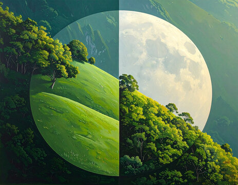 Lush green hillside meets bright full moon in surreal split image