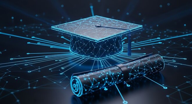 Digital graduation cap and diploma with glowing lines, representing online education