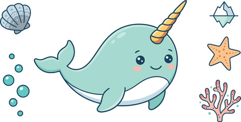Cute Kawaii Narwhal Cartoon Illustration with Sea Shell, Coral, Starfish, Bubbles, and Ocean Elements for Children Design Projects © EdGe Creative