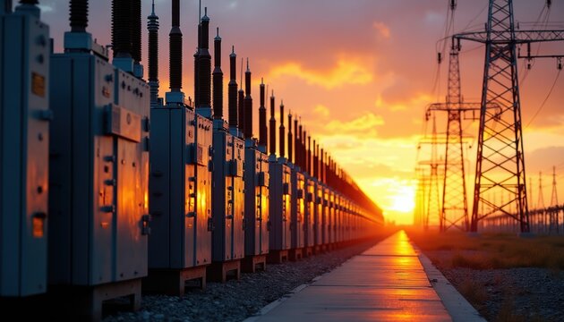 Electrical substation equipment with power lines at sunset. High voltage infrastructure with grid towers. Energy distribution system outdoor.