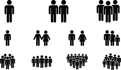 People and group icon set, human figures, family and crowd symbols, minimal black silhouette collection, vector illustration