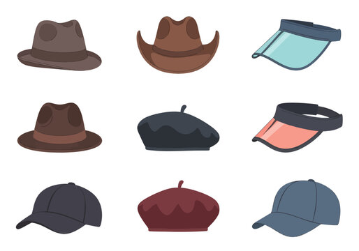 Collection of various hat styles including fedoras, cowboy hats, visors, and berets for fashion and costume design.