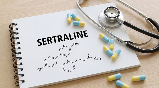 Sertraline medication shown with its chemical structure, colorful pills, and a stethoscope. Concept of mental health treatment