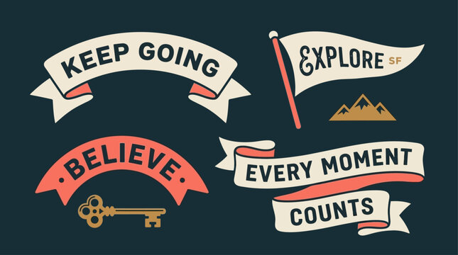 Collection of hand-drawn vintage motivational banners featuring inspirational quotes for personal growth and positive thinking