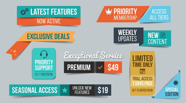 Collection of promotional banners and tags for various services and offers, including exclusive deals and priority membership