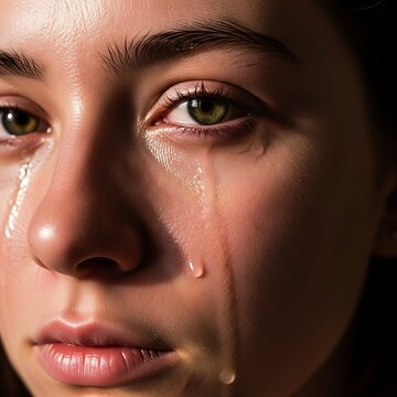 Tearful Young Woman Gazing Sadly in Dramatic Close Up Portrait