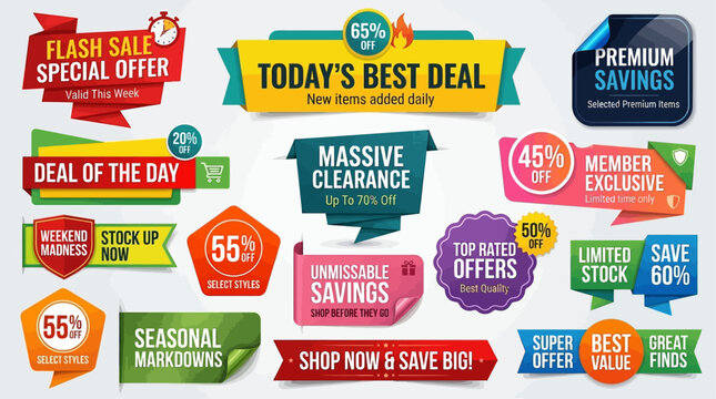 Promotional Sale Tags and Banners for Special Offers, Discounts, and Best Deals on Products