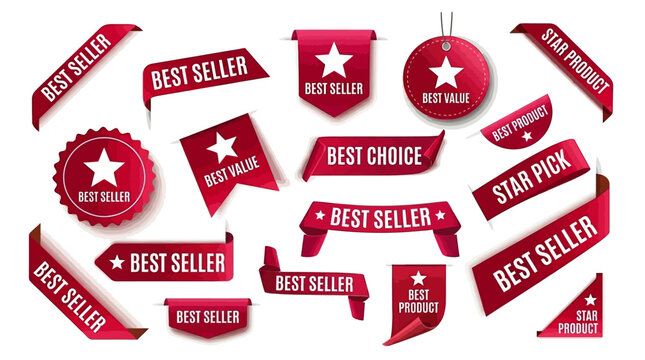 Vibrant collection of premium red promotional labels, tags, and ribbons featuring best seller, best choice, and special value designs, perfect for retail sales and marketing campaigns