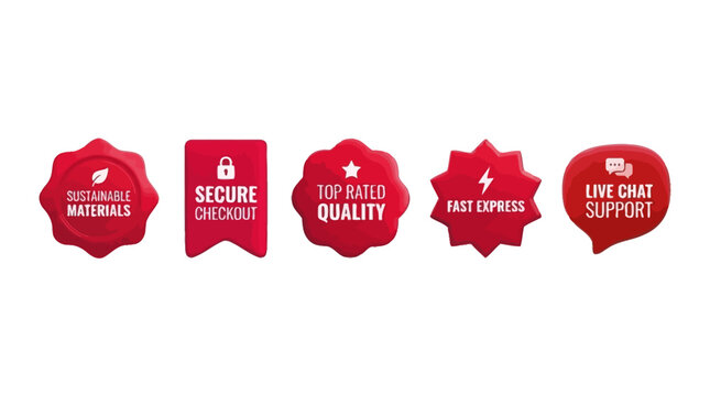 Red business badges sustainable materials, secure checkout, top quality, fast express, and live chat support. Icons for service assurance, building customer trust