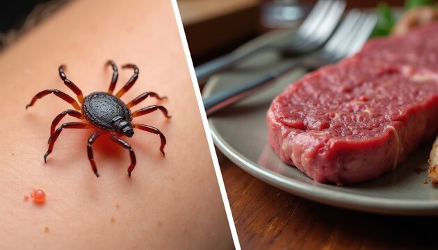 Lone star tick bites cause red bumps on skin, linking to alpha-gal syndrome allergy. Raw red meat on plate signifies diet connection. Medical condition awareness explained.