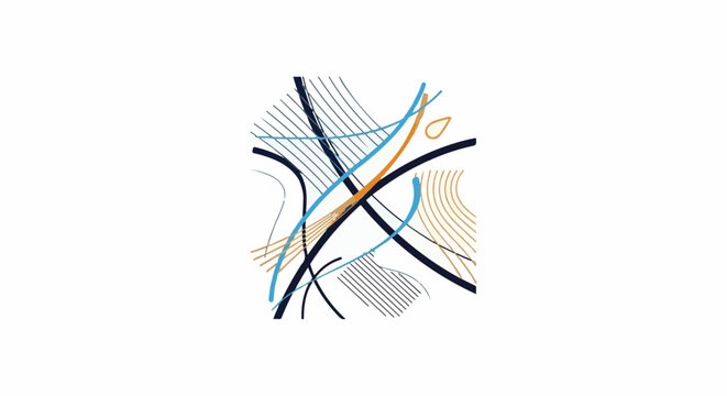 Abstract composition of bold dark lines, thin blue and orange curves, and textured strokes